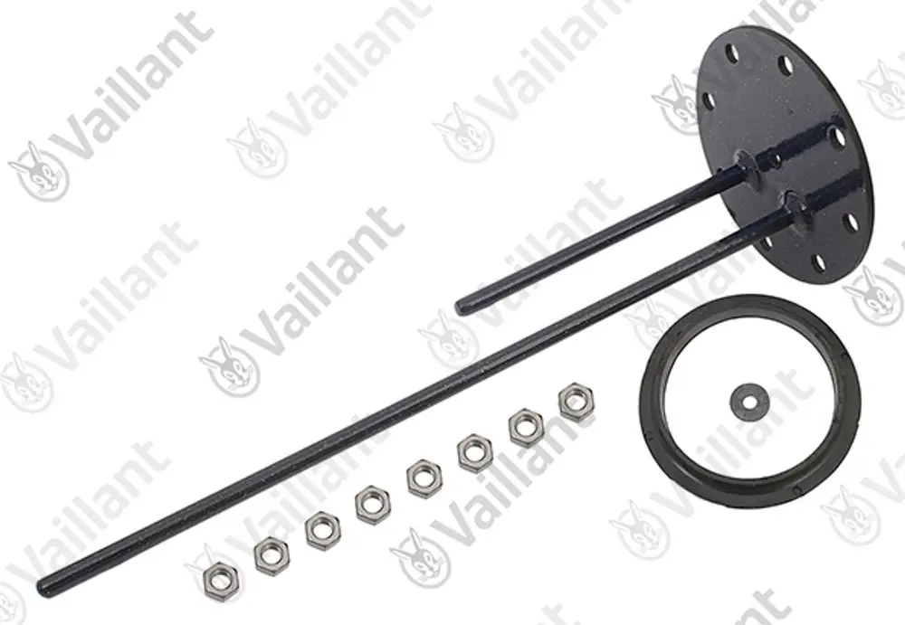 Vaillant Flansch mit zwei langen Stiften, einer Gummidichtung und mehreren Sechskantmuttern. Bietet Befestigungsmöglichkeiten für verschiedene Anwendungen.